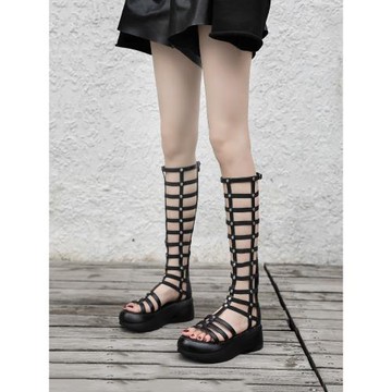 厚底羅馬綁帶靴女夏季新款鏤空露趾長靴高跟顯瘦個性鉚釘及膝潮靴