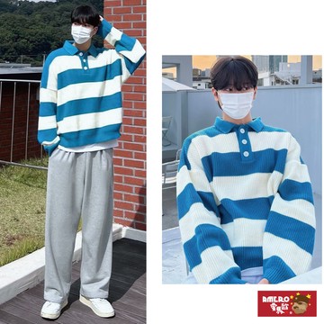 【AMERO】男裝 女裝 糖果色 條紋 polo針織毛衣 情侶裝
