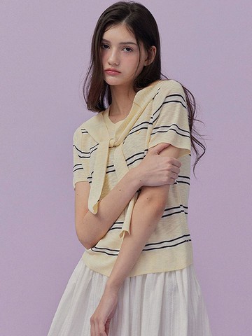 [TWEE] Cat Scarf Stripe Short Sleeve Knit Sweater