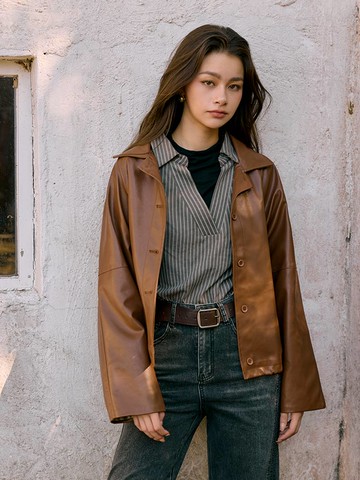 翻領排釦抽繩收腰皮外套