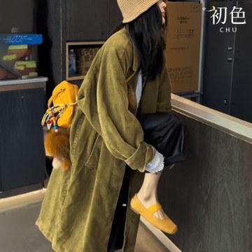 初色 復古燈芯絨肌理感純色風衣寬鬆中常款長袖外套女外套-綠色-38604(L/XL可選)