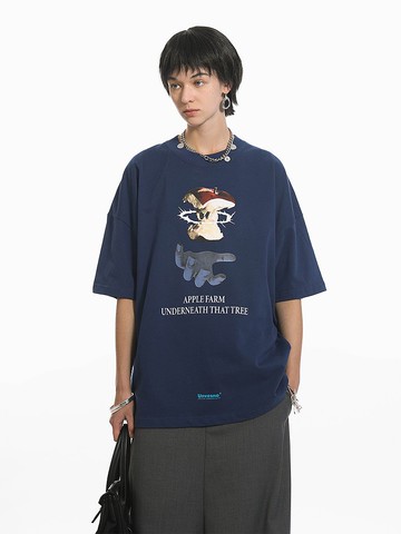 UNVESNO 復古印花藍色潮牌半袖男女款情侶裝寬松短袖T恤 SWS-1159