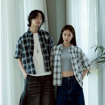 【PAGANS STORE】韓國 RDS 格紋 BOXY 寬短 印花 字母 英文 短版 短袖 襯衫