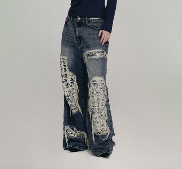 Ripped Detail Jeans 原色洗水大廓形亮片破洞牛仔褲