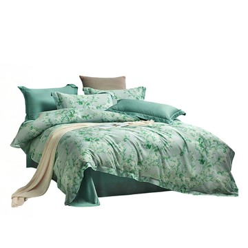 LoveCity 寢城之戀 台灣製 50支100%萊賽爾天絲 兩用被床包組  床包 + 枕套 2個 + 兩用被套  雙人  牽絲戲 綠色