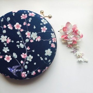 深藍日式櫻花純棉布小圓包 - 可手拿/ 斜揹/ 婚禮姊妹禮物