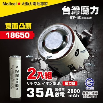 【台灣Molicel】18650 高倍率動力型鋰電池2800mAh 2入-凸頭