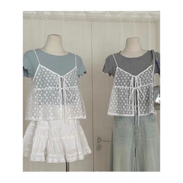 刺繡蕾絲吊帶小背心女夏季疊穿短袖T恤外搭開衫馬甲罩衫無袖上衣