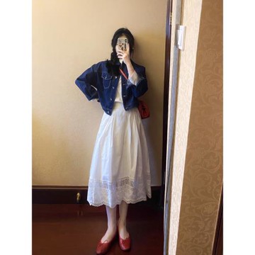 苗象◇鏤空刺繡~白色花邊裙子 中長款復古洋氣 百搭高腰a字半身裙