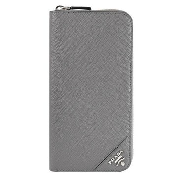 PRADA 2ML317 簡約浮雕LOGO防刮寬版ㄇ字拉鍊長夾.灰