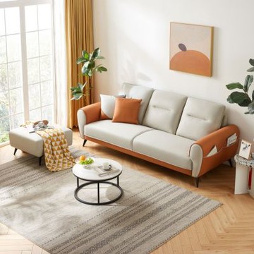 林氏木業時尚拼色科技布三人沙發+腳踏BS018-柑橘色-(H014366504)