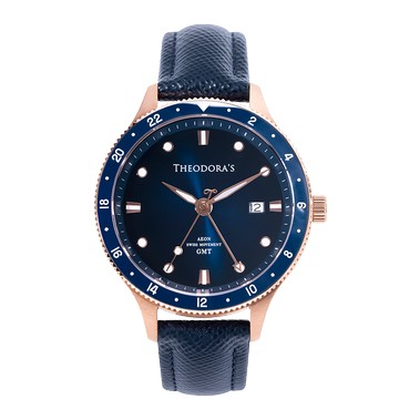 Aeon-緣 GMT兩地時區夜光潛水腕錶[小錶面] 深藍-防刮真皮深藍