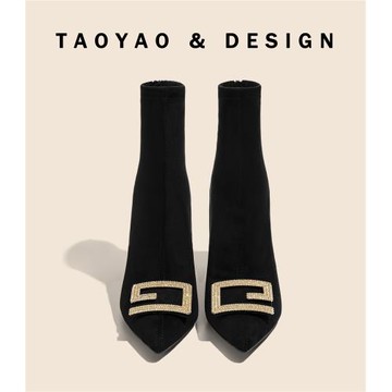 法式名媛氣質高跟瘦瘦短靴女2025新款網紅氣質高級感絨面彈力襪靴