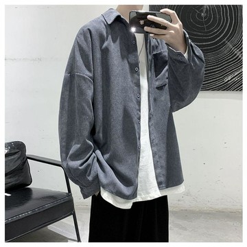 M-8XL 大尺碼長袖襯衫 燈芯絨襯衫男 日系簡約休閒襯衫 素色 口袋襯衫 加大尺碼 寬鬆小外套薄外套 男生衣服 9D