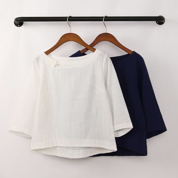 秋裝 韓版文藝學院風寬松盤扣棉麻上衣女清新七分袖T恤小衫