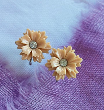Vintage Jewelry 賽璐珞塑料  甜美 小巧 小花 栓式耳環