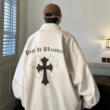 美式復古襯衫男十字印花高街上衣春秋新款男士襯衣外套青少年衣服