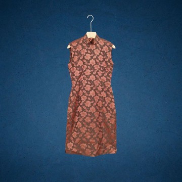 二手 古董訂製 豆沙色 緹花 腰身 小開衩 無袖 旗袍 CA801