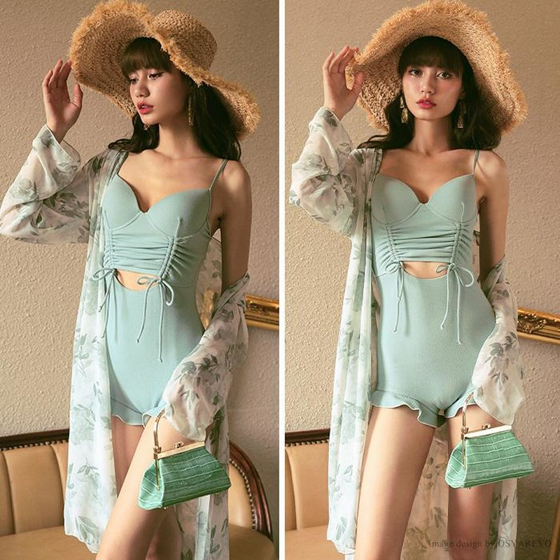 【kuo】ミントグリーン ワンピース水着 ショーツ付き 水着レディース ワンピース 体型カバー ビキニ 水着の上 に着る