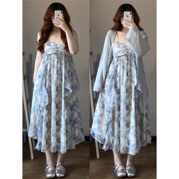大碼胖mm溫柔甜美風高腰荷葉邊暈染閃片印花吊帶連衣裙開衫套裝女