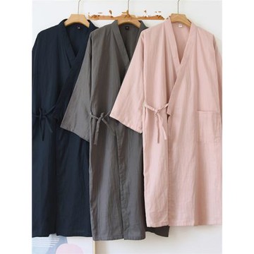 全棉紗布浴袍男女士春夏季薄款睡袍日系純色情侶睡衣中長款浴衣