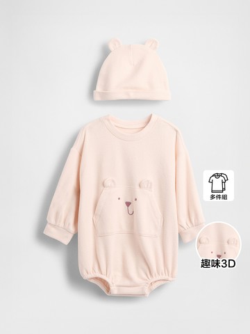 嬰兒裝 小熊刺繡趣味圓領長袖包屁衣家居套裝-淺粉色