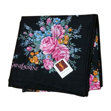 YSL Yves Saint Laurent 繽紛玫瑰花束圖騰品牌字母LOGO帕領巾(黑底/48CM)