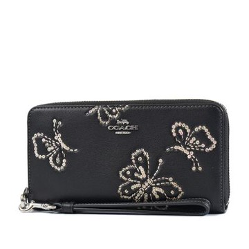 COACH 繡線蝴蝶滑面皮革手掛式拉鍊長夾-黑色