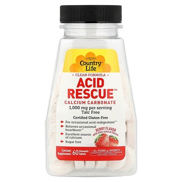 Country Life, Acid Rescue，碳酸鈣，漿果味，1000 毫克，60 片咀嚼片（每片 500 毫克）