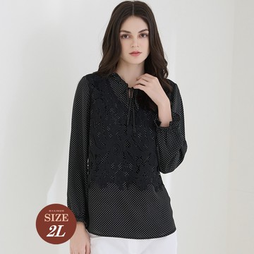 ILEY伊蕾 法式波點蕾絲背心假兩件式雪紡上衣(黑色；M-2L)1223011867