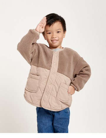 熊寶貝撞色毛絨拼接葫蘆格鋪棉外套(卡其)-中性