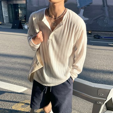 亨利領坑條紋防曬針織長袖T恤男韓系清新彈力休閑小眾針織衫上衣鑫弘-衣錦男裝