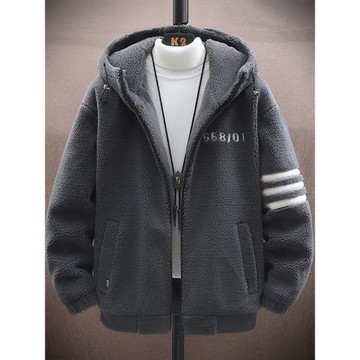 羊羔絨條紋外套男秋冬季加絨加厚連帽夾克男士顆粒絨保暖冬裝棉衣