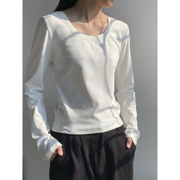 長袖女U領棉質簡約白色打底衫正肩t恤春秋2024新款通勤修身上衣潮