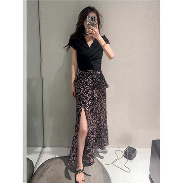 今年流行漂亮套裝裙女夏季時尚短袖綁帶t恤碎花開叉半身裙兩件套