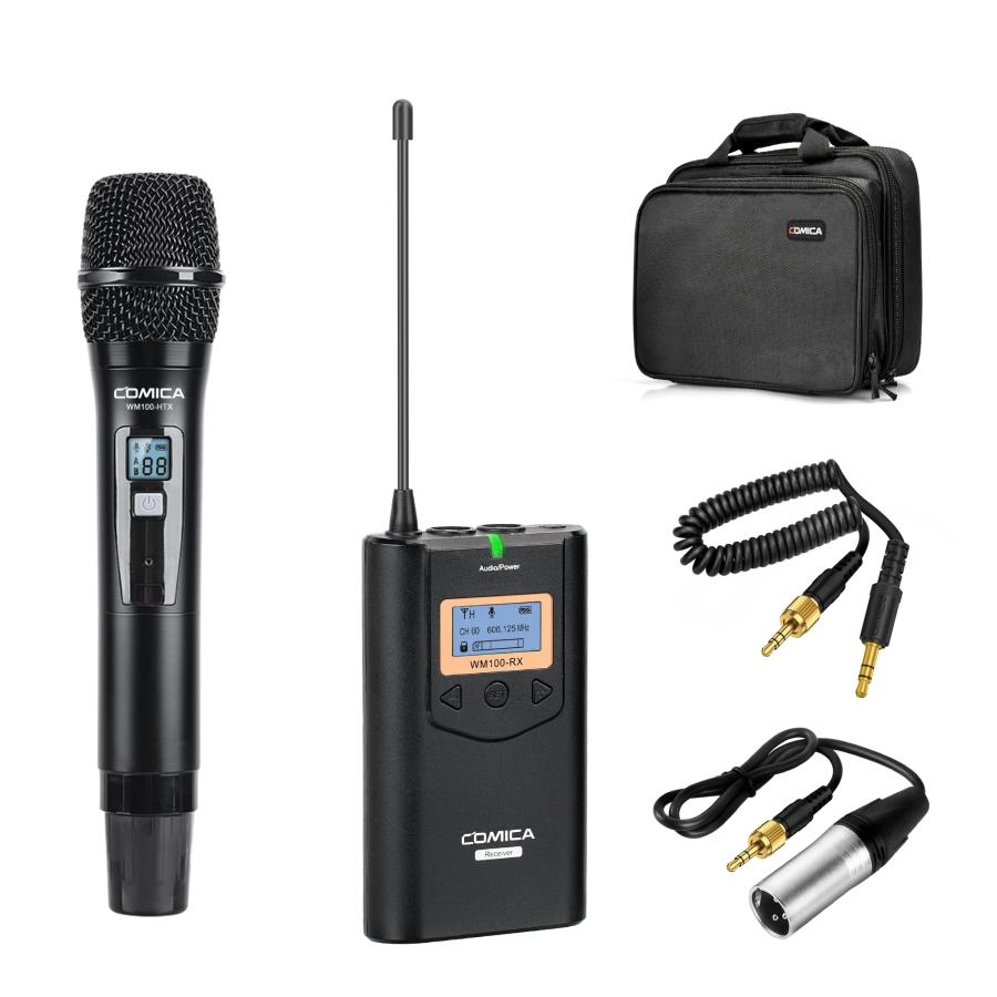 Comica CVM-WM100H Wireless Handheld Microphone with UHF 48 Channels, 328 ft Wireless Range,Real time Monitor, LCD Display, Wireless Microphone for Cam