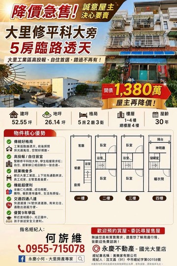 大里工業區/修平科大旁臨路5房透天｜台中市大里區工業路