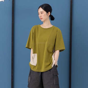 【MOSS CLUB】長版配色線剪接開衩短袖上衣 黑 綠