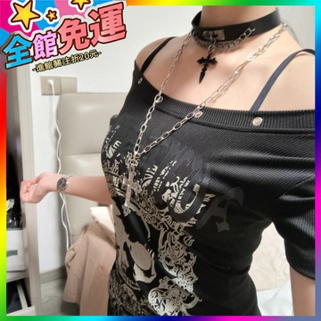 🌸台灣出貨🌸 重工甜酷十字架項鏈弔墜y2k串珠闇黑鎖骨哥特毛衣朋剋辣妹小衆 🥇滿額免運🥇X370-11-A