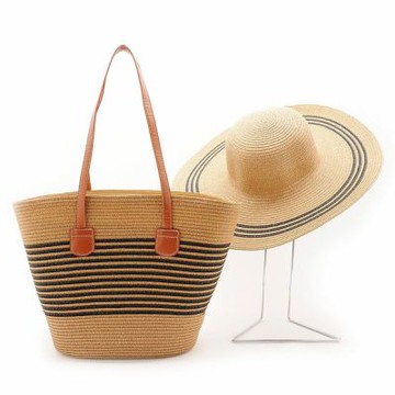 FIRANO-藤編材質附草帽肩背托特包套組(深卡其x黑槓)