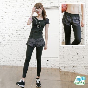【BODYAIR】假兩件彈力迷彩九分褲(瑜珈.運動.慢跑.透氣.舞蹈.運動褲)