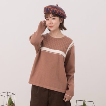 【MOSS CLUB】文青撞色領口麻花針織上衣 藍 杏 駝(魅力商品)