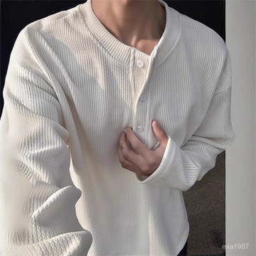 【男裝】臺灣出貨美式痞帥亨利領打底衫男秋冬季紐扣高級感寬鬆半開領休閒長袖T恤