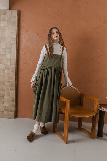 khaki green pocket dress 軍綠絨面口袋洋裝