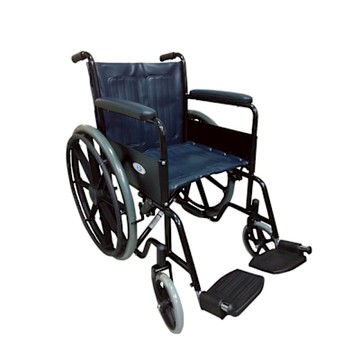 【輪椅】鐵製46公分座寬 固定手腳輪椅A款 輪椅A款、固定腳輪椅、鐵製輪椅、藍皮椅墊、長照補助、背可折輪椅、單層椅墊、安全帶輪椅、烤漆材質、醫療用輪椅