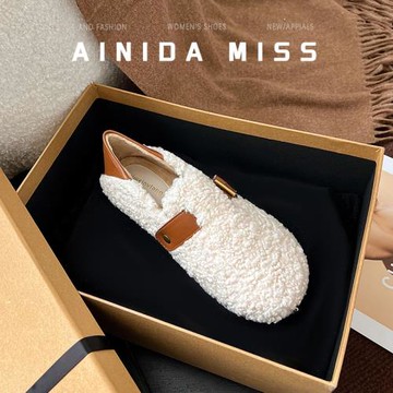 羊皮版~網紅毛毛鞋女冬季外穿一腳蹬加絨軟底豆豆棉鞋大碼41到43