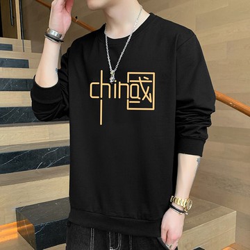 男士上衣服春秋款圓領長袖t恤情侶潮流秋裝ins潮牌純色印花上衣服