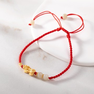 [999足銀]好運降臨貔貅和田玉可調節串珠編織手環