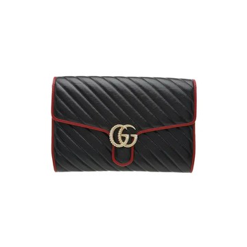 GUCCI 498079 GG MARMONT MATELASSÉ 絎縫紅色裝飾邊翻蓋包手拿包