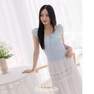 【夏季新品】BeLLA 小包袖大U領上衣 藍色